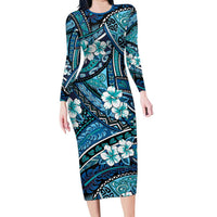 Polynesian Hibiscus Tropical Blue Floral Long Sleeve Bodycon Dress Tribal Pattern LT01 Long Dress Blue - Polynesian Pride