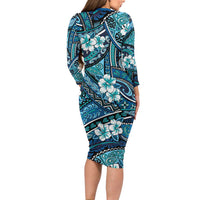 Polynesian Hibiscus Tropical Blue Floral Long Sleeve Bodycon Dress Tribal Pattern LT01 - Polynesian Pride