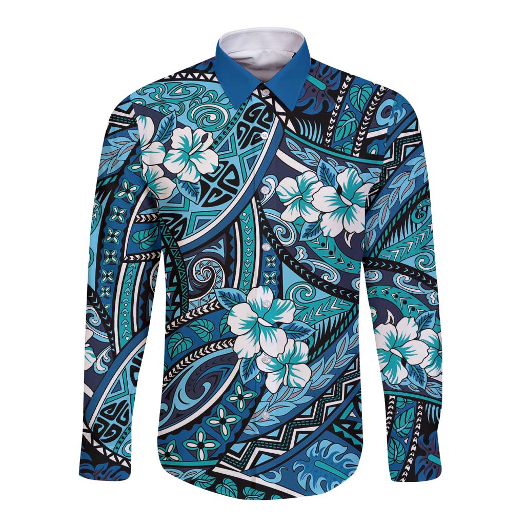 Polynesian Hibiscus Tropical Blue Floral Long Sleeve Button Shirt Tribal Pattern LT01 Unisex Blue - Polynesian Pride
