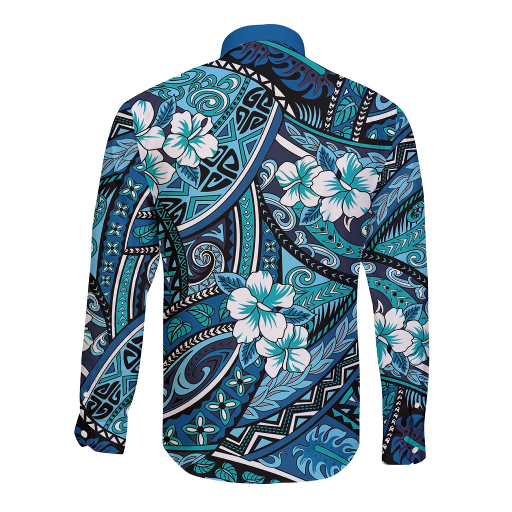 Polynesian Hibiscus Tropical Blue Floral Long Sleeve Button Shirt Tribal Pattern LT01 - Polynesian Pride