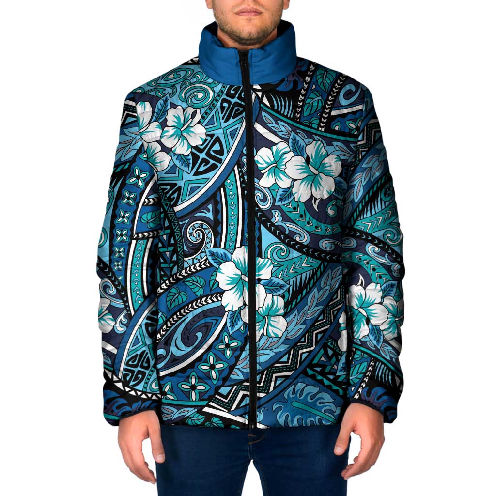 Polynesian Hibiscus Tropical Blue Floral Padded Jacket Tribal Pattern LT01 Men Blue - Polynesian Pride