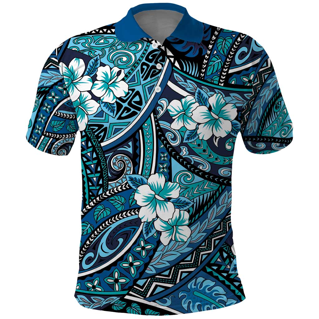 Polynesian Hibiscus Tropical Blue Floral Polo Shirt Tribal Pattern LT01 Blue - Polynesian Pride