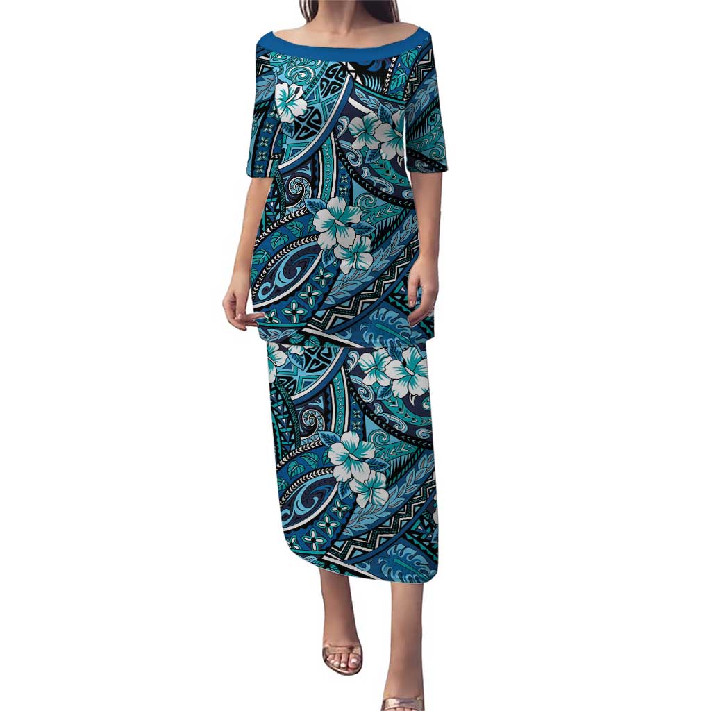 Polynesian Hibiscus Tropical Blue Floral Puletasi Tribal Pattern LT01 Long Dress Blue - Polynesian Pride