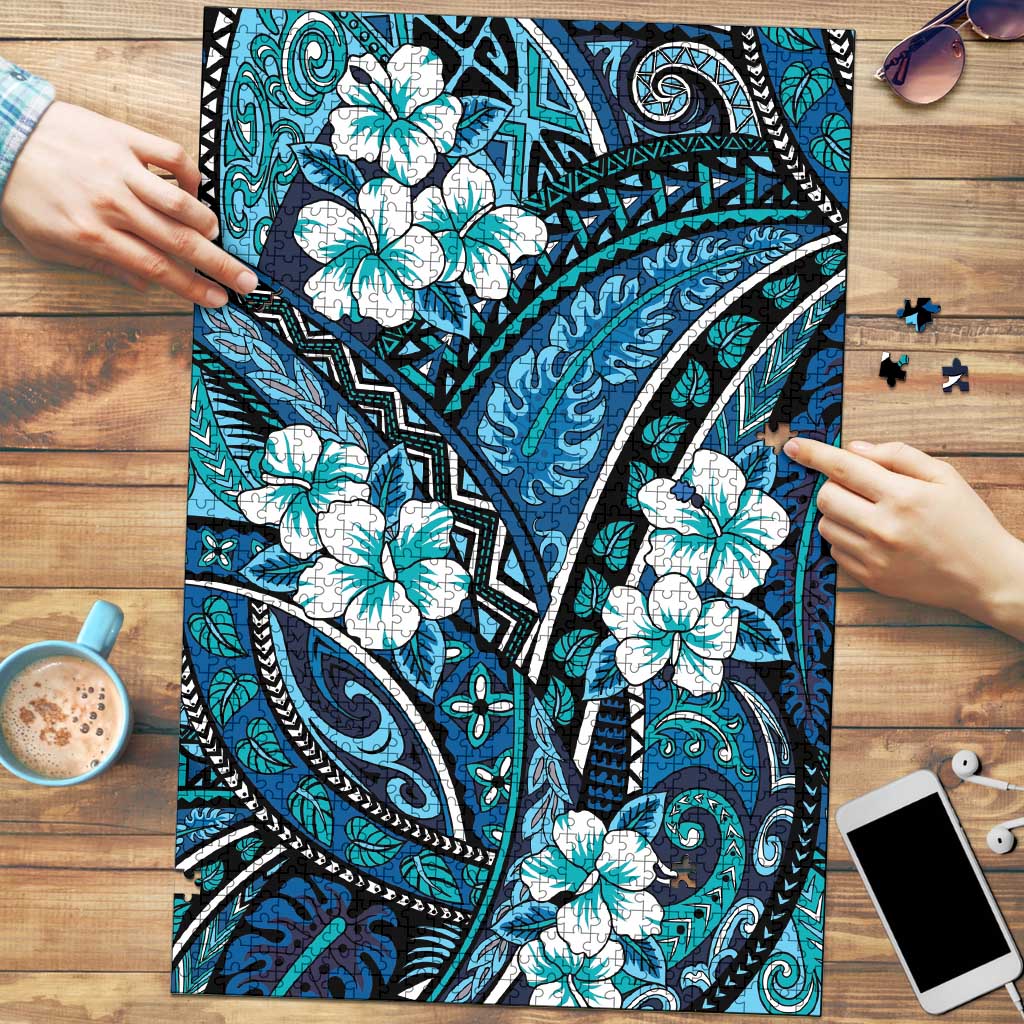 Polynesian Hibiscus Tropical Blue Floral Puzzle Tribal Pattern LT01 Blue - Polynesian Pride
