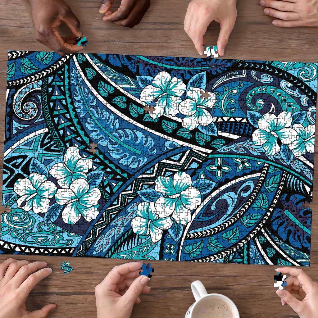 Polynesian Hibiscus Tropical Blue Floral Puzzle Tribal Pattern LT01 - Polynesian Pride