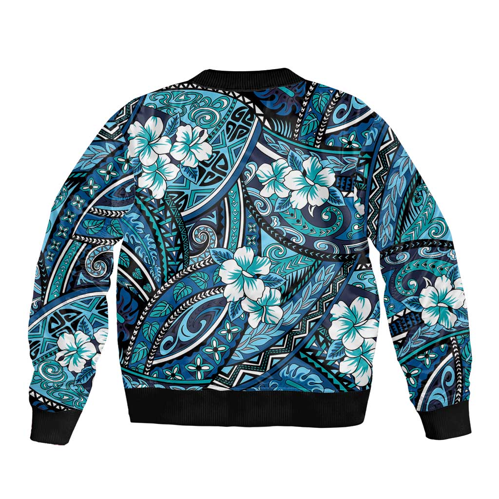 Polynesian Hibiscus Tropical Blue Floral Sleeve Zip Bomber Jacket Tribal Pattern LT01 - Polynesian Pride