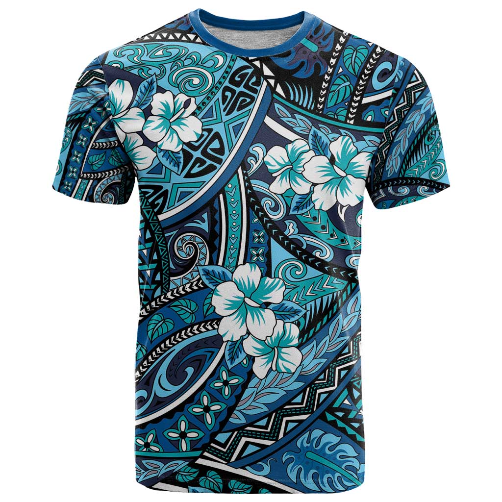 Polynesian Hibiscus Tropical Blue Floral T Shirt Tribal Pattern LT01 Blue - Polynesian Pride