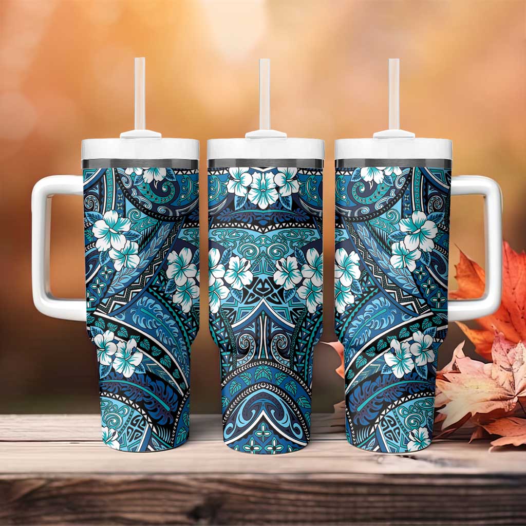 Polynesian Hibiscus Tropical Blue Floral Tumbler With Handle Tribal Pattern LT01 - Polynesian Pride