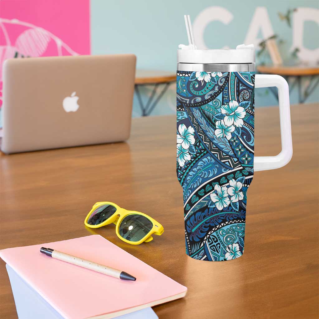 Polynesian Hibiscus Tropical Blue Floral Tumbler With Handle Tribal Pattern LT01 - Polynesian Pride