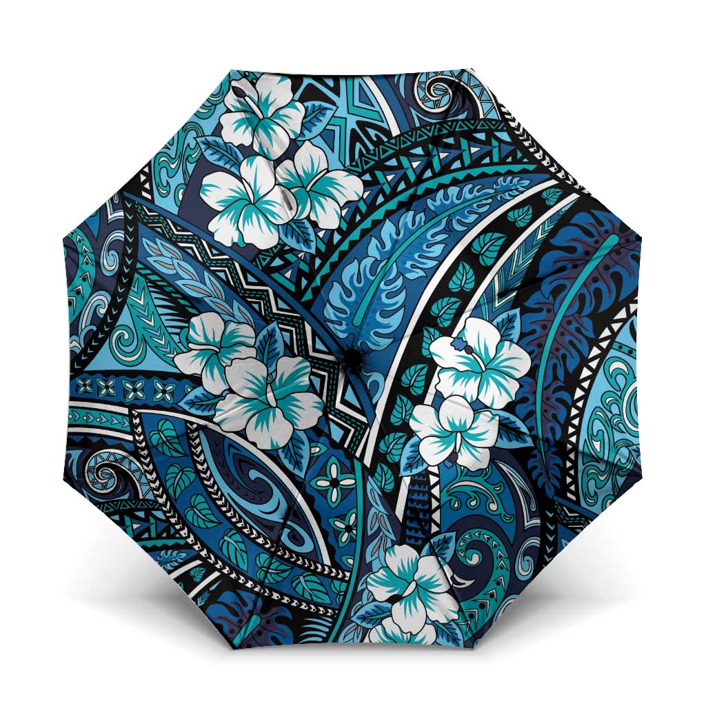Polynesian Hibiscus Tropical Blue Floral Umbrella Tribal Pattern LT01 One Size Folded 11.42 inch Opened Diameter 37.4 inch Blue - Polynesian Pride