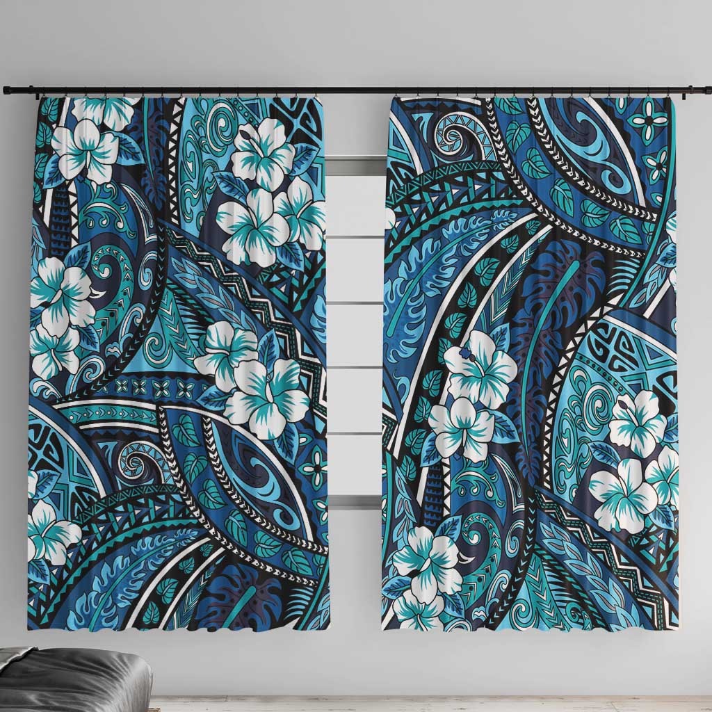 Polynesian Hibiscus Tropical Blue Floral Window Curtain Tribal Pattern LT01 With Hooks Blue - Polynesian Pride