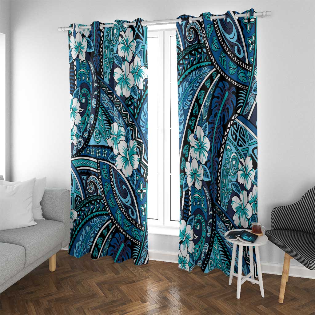 Polynesian Hibiscus Tropical Blue Floral Window Curtain Tribal Pattern LT01 With Grommets Blue - Polynesian Pride