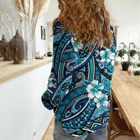 Polynesian Hibiscus Tropical Blue Floral Women Casual Shirt Tribal Pattern LT01 - Polynesian Pride