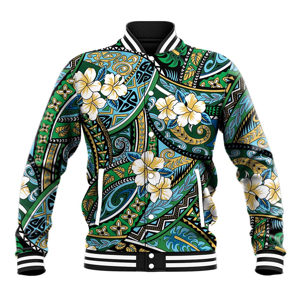 Polynesian Hibiscus Tropical Green Floral Baseball Jacket Tribal Pattern LT01 Unisex Green - Polynesian Pride
