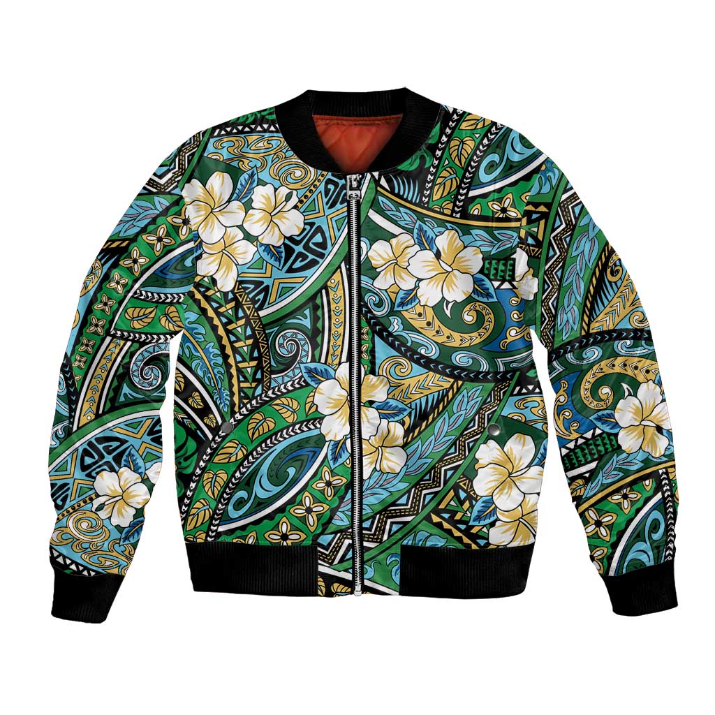 Polynesian Hibiscus Tropical Green Floral Bomber Jacket Tribal Pattern LT01 Unisex Green - Polynesian Pride