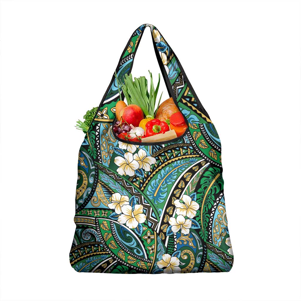 Polynesian Hibiscus Tropical Green Floral Grocery Bag Tribal Pattern LT01 1-pack One Size Green - Polynesian Pride