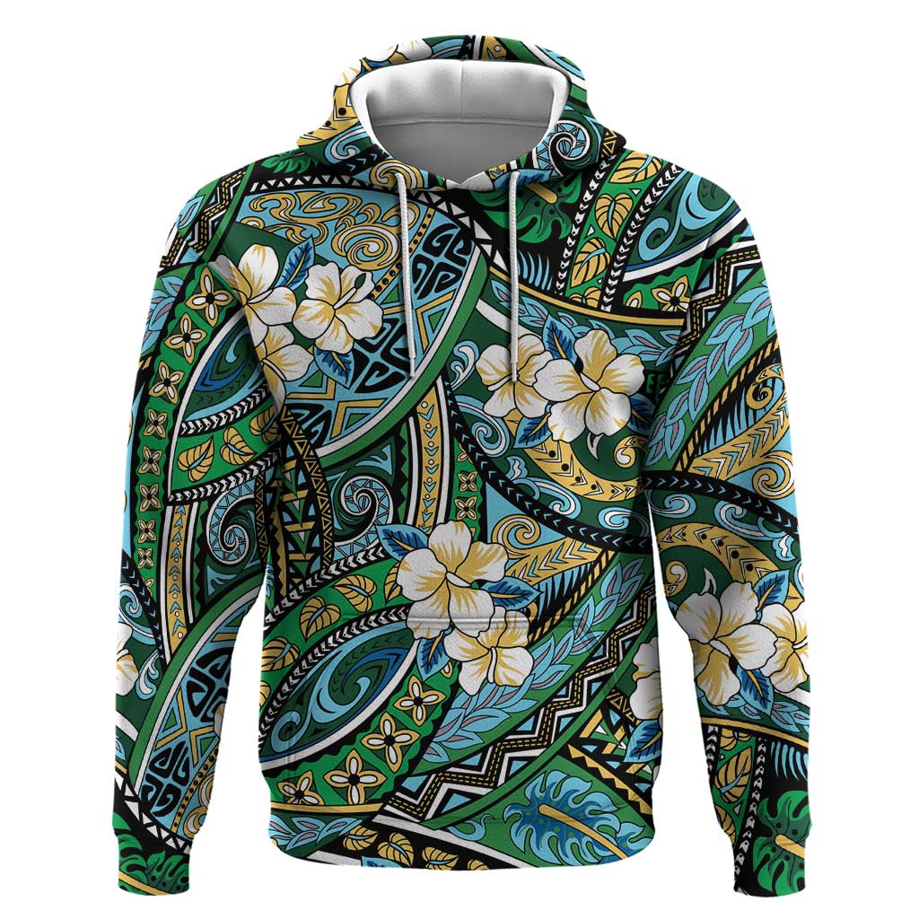 Polynesian Hibiscus Tropical Green Floral Hoodie Tribal Pattern LT01 Pullover Hoodie Green - Polynesian Pride