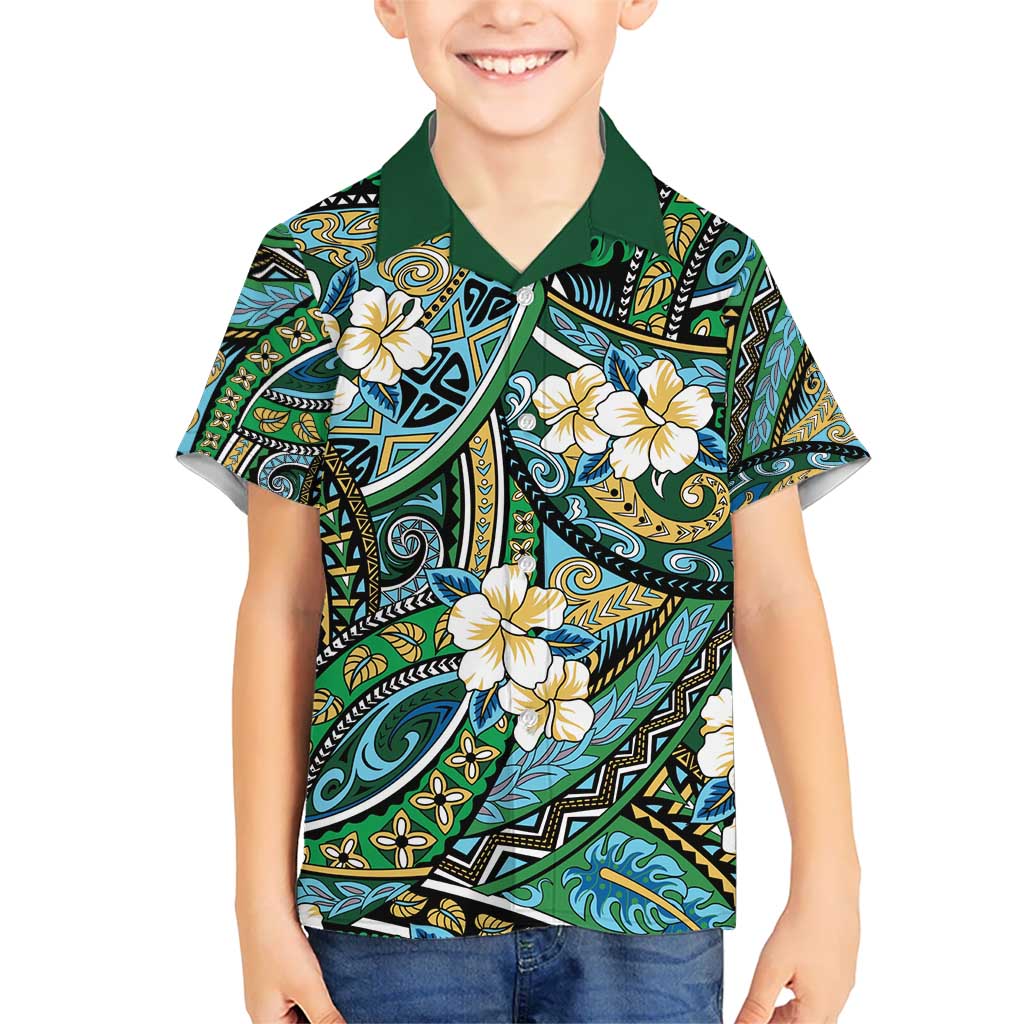 Polynesian Hibiscus Tropical Green Floral Kid Hawaiian Shirt Tribal Pattern LT01 Kid Green - Polynesian Pride