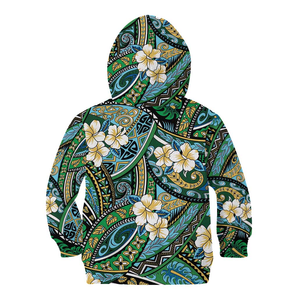 Polynesian Hibiscus Tropical Green Floral Kid Hoodie Tribal Pattern LT01 - Polynesian Pride