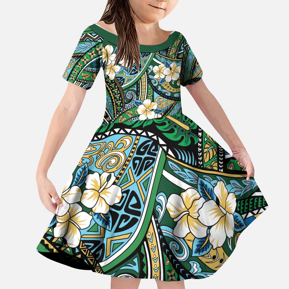 Polynesian Hibiscus Tropical Green Floral Kid Short Sleeve Dress Tribal Pattern LT01 KID Green - Polynesian Pride