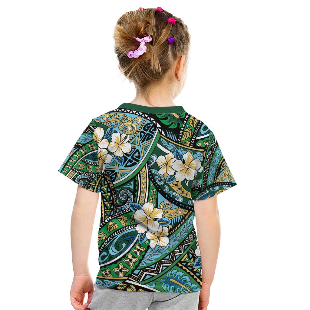 Polynesian Hibiscus Tropical Green Floral Kid T Shirt Tribal Pattern LT01 - Polynesian Pride