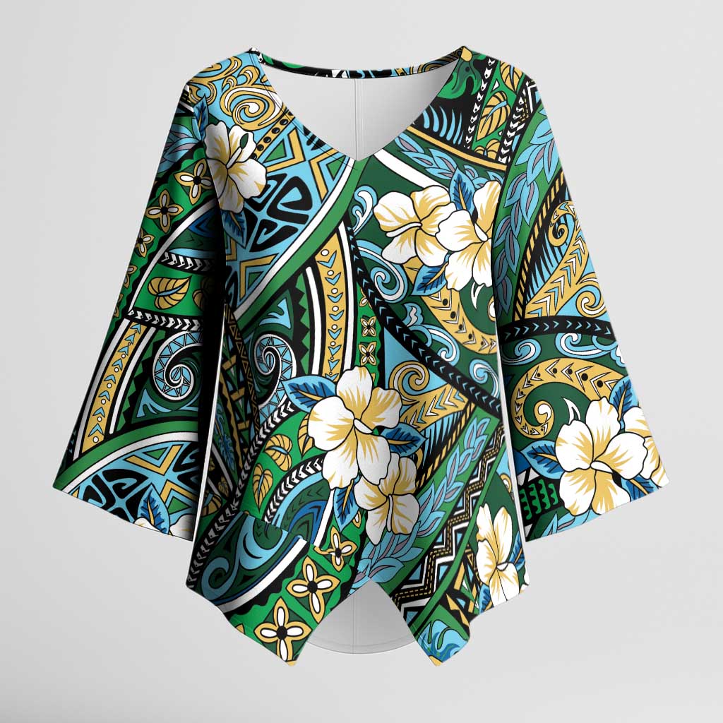 Polynesian Hibiscus Tropical Green Floral Kimono Sleeve Blouse Tribal Pattern LT01 Female Green - Polynesian Pride