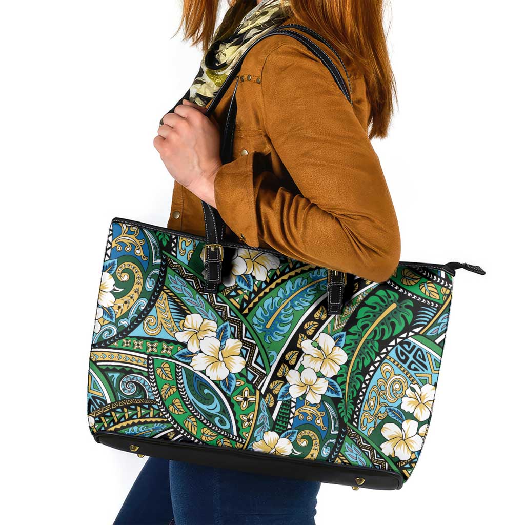 Polynesian Hibiscus Tropical Green Floral Leather Tote Bag Tribal Pattern LT01 Green - Polynesian Pride