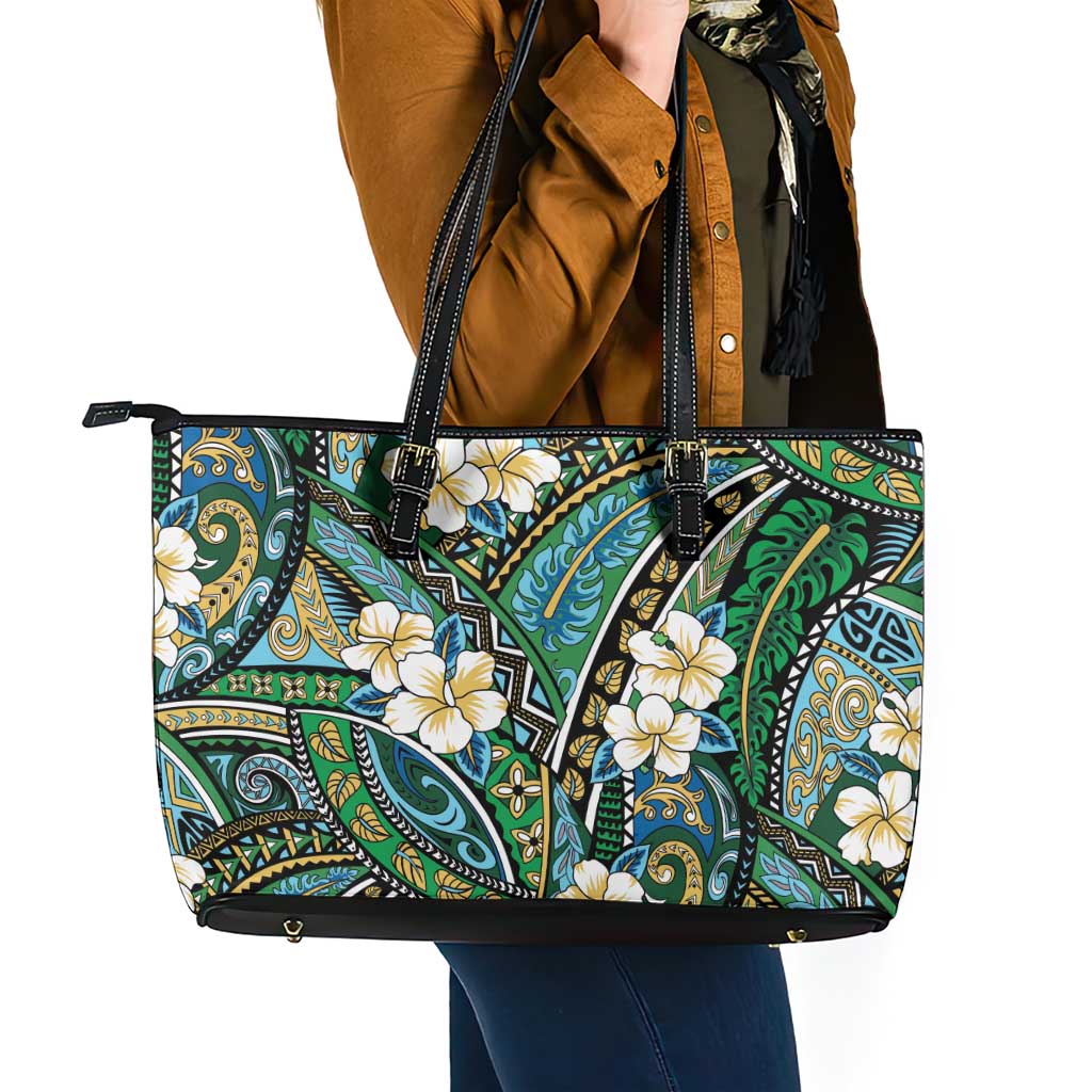 Polynesian Hibiscus Tropical Green Floral Leather Tote Bag Tribal Pattern LT01 - Polynesian Pride
