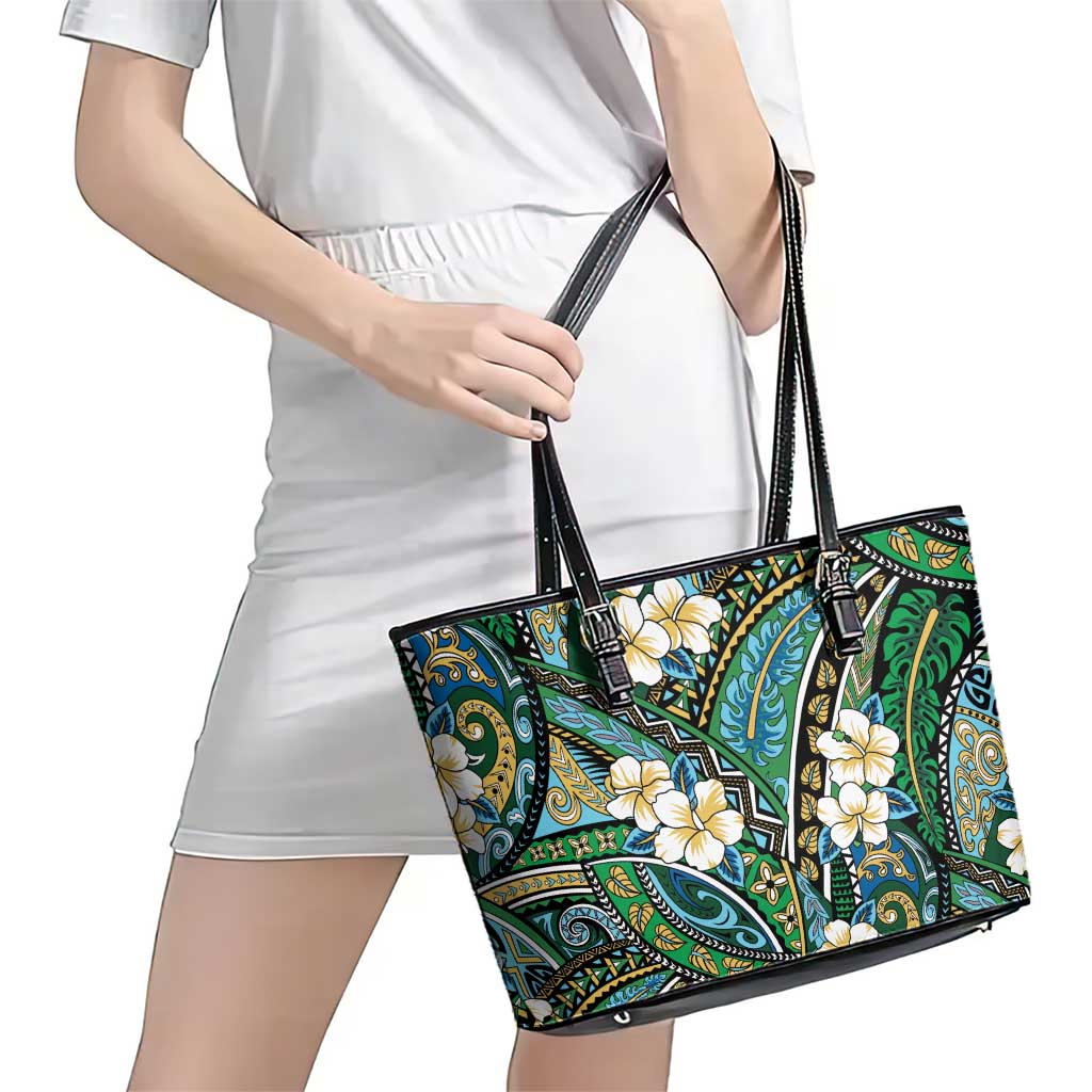 Polynesian Hibiscus Tropical Green Floral Leather Tote Bag Tribal Pattern LT01 - Polynesian Pride