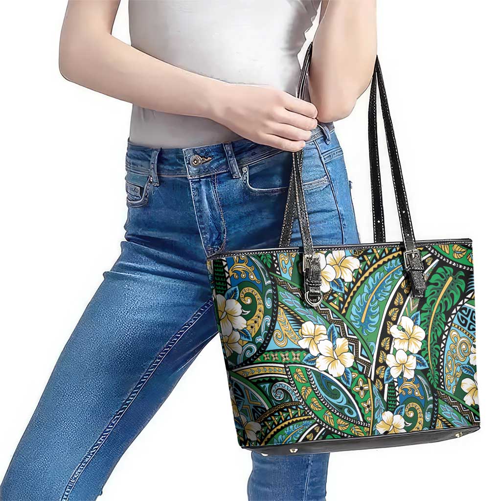 Polynesian Hibiscus Tropical Green Floral Leather Tote Bag Tribal Pattern LT01 - Polynesian Pride
