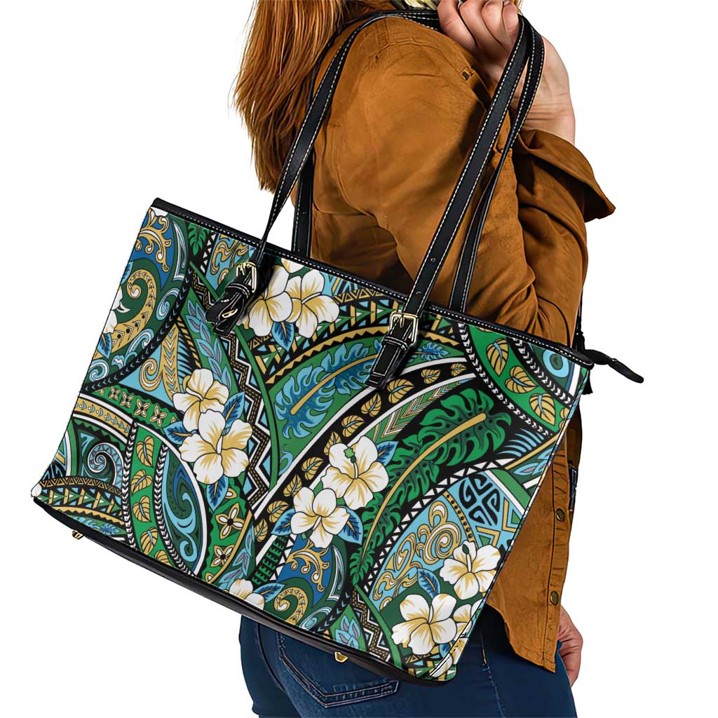 Polynesian Hibiscus Tropical Green Floral Leather Tote Bag Tribal Pattern LT01 - Polynesian Pride
