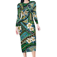 Polynesian Hibiscus Tropical Green Floral Long Sleeve Bodycon Dress Tribal Pattern LT01 Long Dress Green - Polynesian Pride