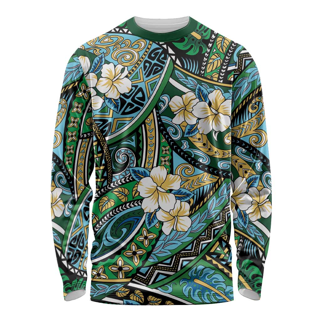 Polynesian Hibiscus Tropical Green Floral Long Sleeve Shirt Tribal Pattern LT01 Unisex Green - Polynesian Pride