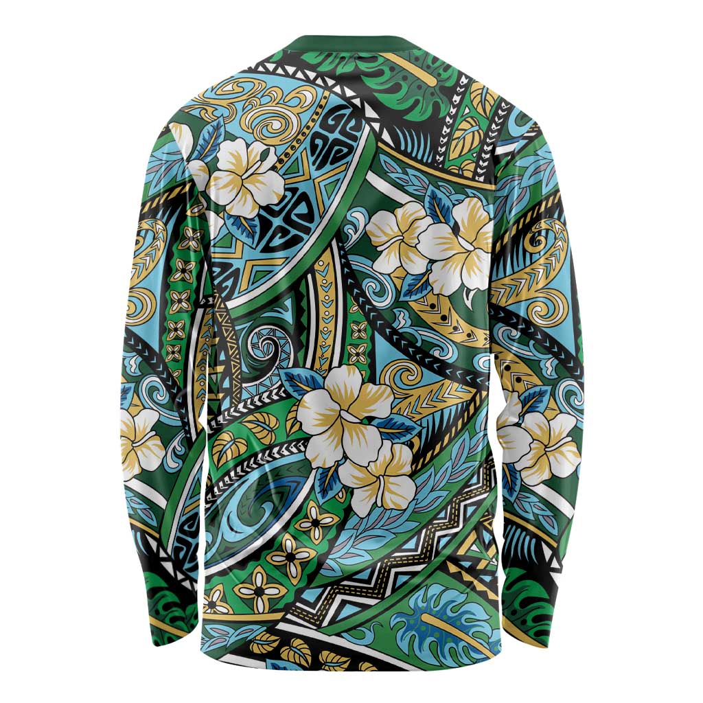 Polynesian Hibiscus Tropical Green Floral Long Sleeve Shirt Tribal Pattern LT01 - Polynesian Pride