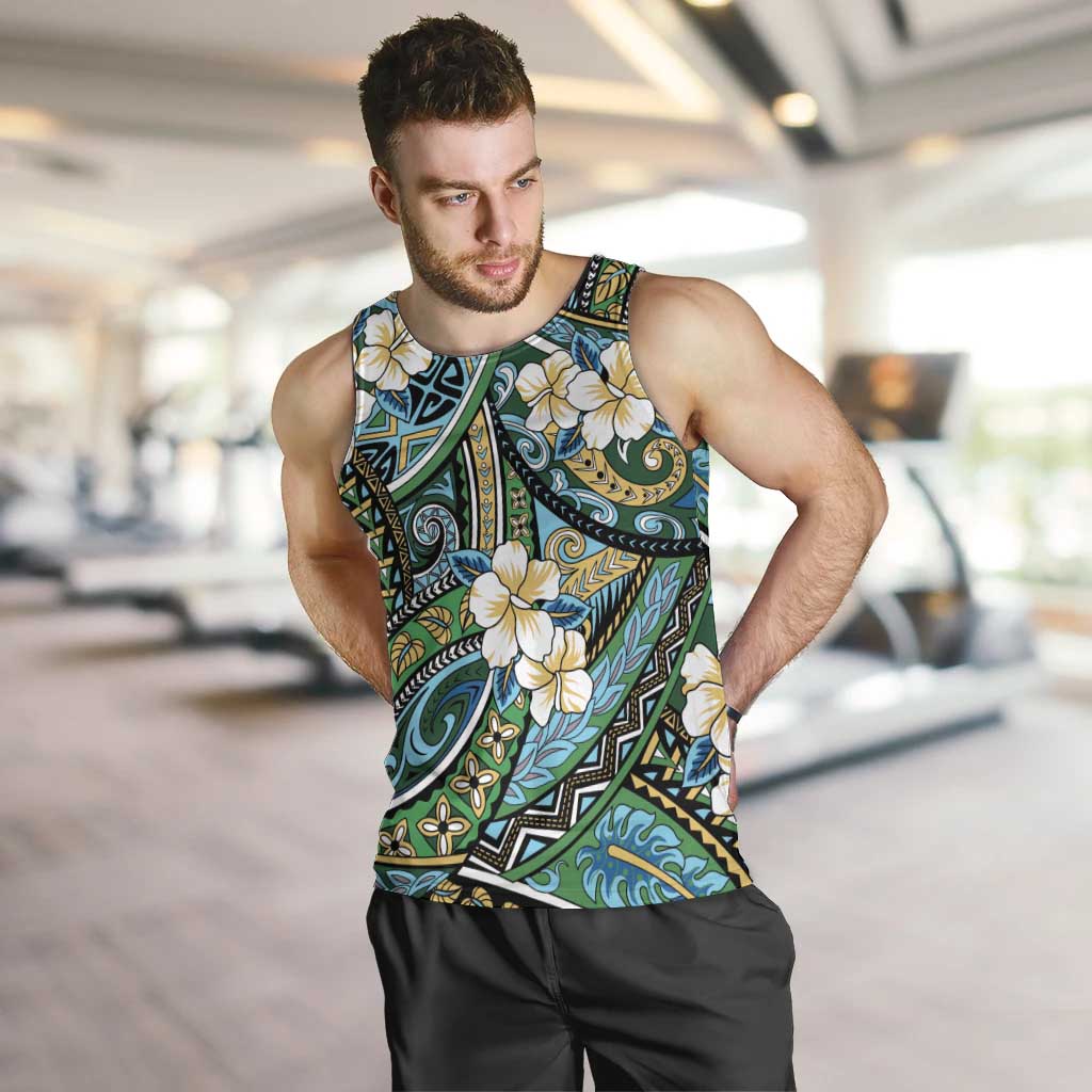 Polynesian Hibiscus Tropical Green Floral Men Tank Top Tribal Pattern LT01 Green - Polynesian Pride
