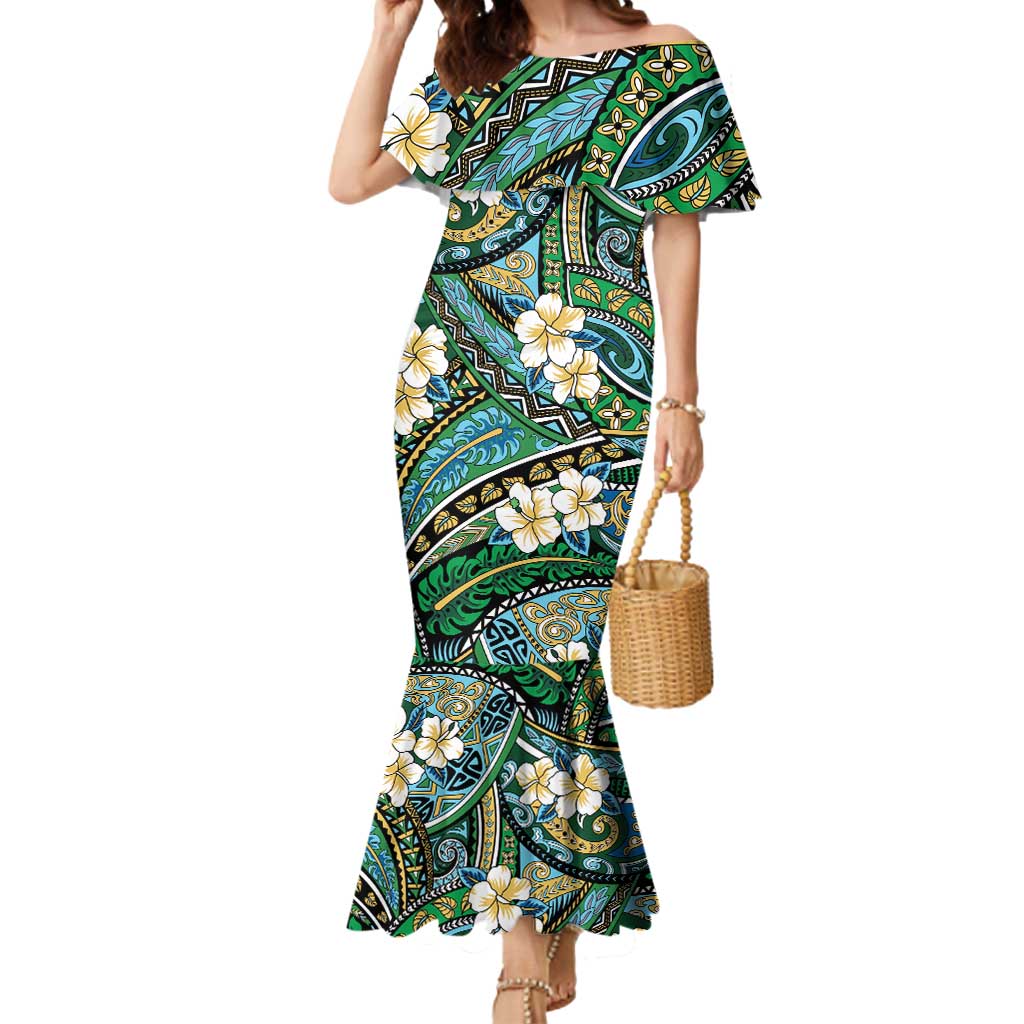 Polynesian Hibiscus Tropical Green Floral Mermaid Dress Tribal Pattern LT01 Women Green - Polynesian Pride
