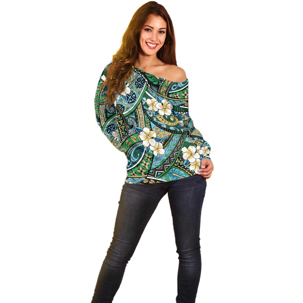 Polynesian Hibiscus Tropical Green Floral Off Shoulder Sweater Tribal Pattern LT01 - Polynesian Pride