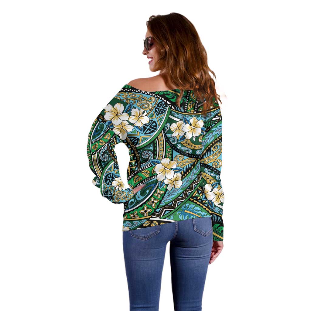 Polynesian Hibiscus Tropical Green Floral Off Shoulder Sweater Tribal Pattern LT01 - Polynesian Pride