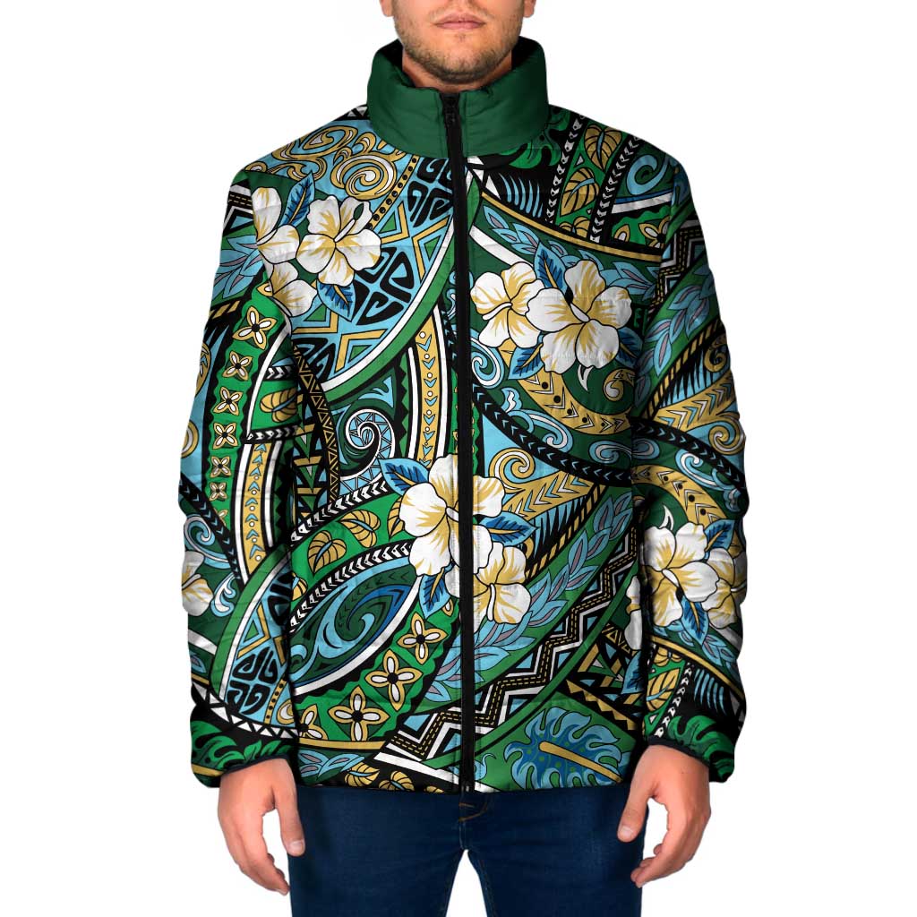 Polynesian Hibiscus Tropical Green Floral Padded Jacket Tribal Pattern LT01 Men Green - Polynesian Pride