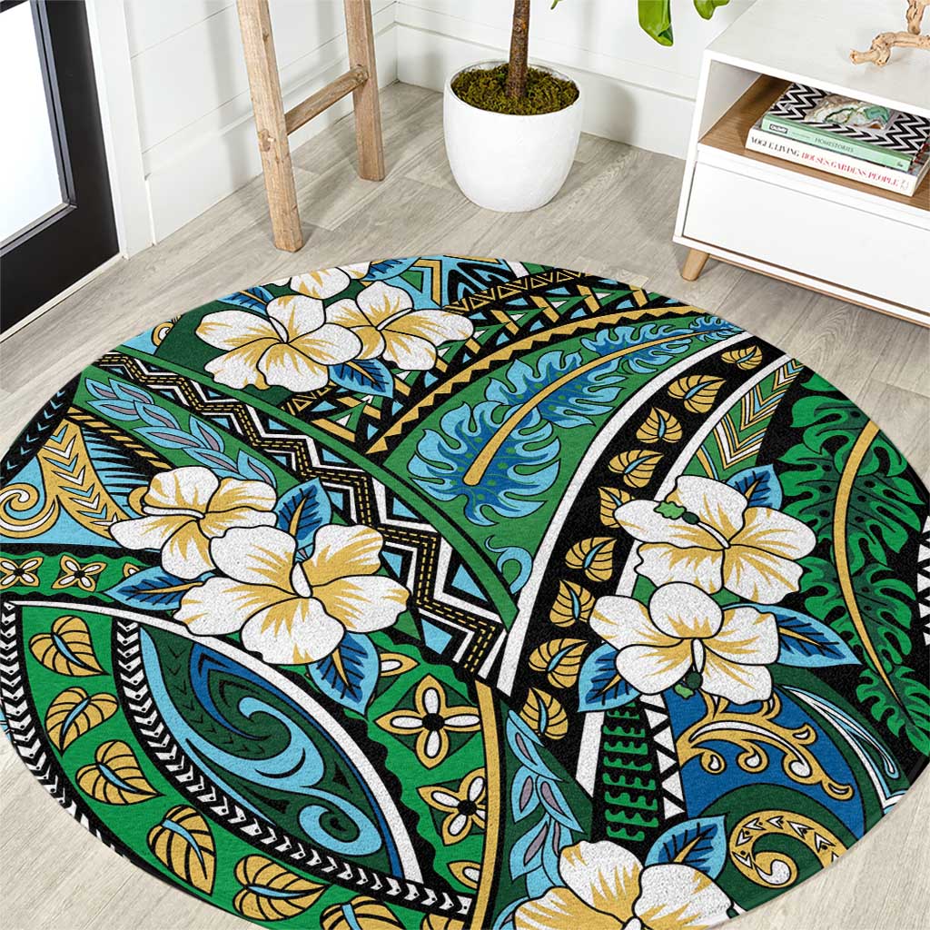 Polynesian Hibiscus Tropical Green Floral Round Carpet Tribal Pattern LT01 Green - Polynesian Pride