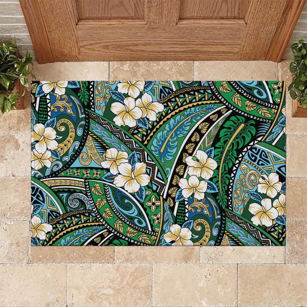 Polynesian Hibiscus Tropical Green Floral Rubber Doormat Tribal Pattern LT01 Green - Polynesian Pride