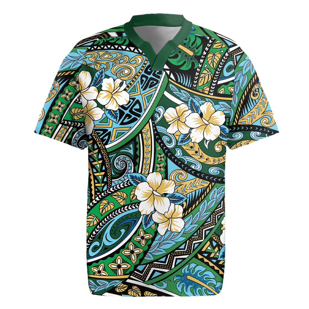 Polynesian Hibiscus Tropical Green Floral Rugby Jersey Tribal Pattern LT01 Green - Polynesian Pride