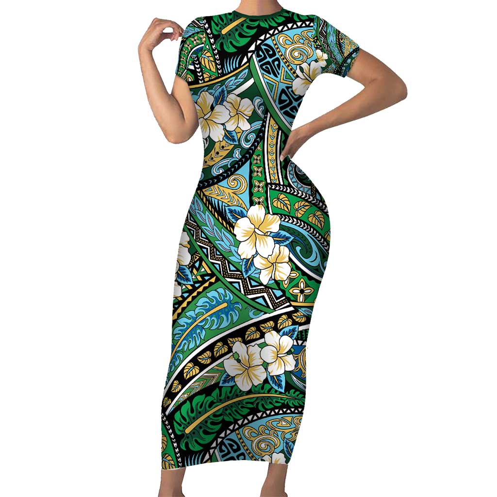 Polynesian Hibiscus Tropical Green Floral Short Sleeve Bodycon Dress Tribal Pattern LT01 Long Dress Green - Polynesian Pride