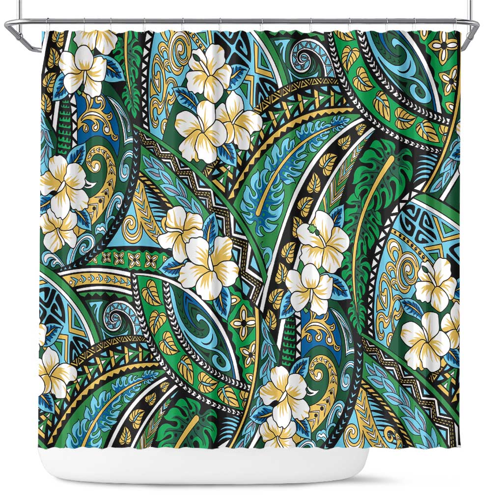 Polynesian Hibiscus Tropical Green Floral Shower Curtain Tribal Pattern LT01 Green - Polynesian Pride