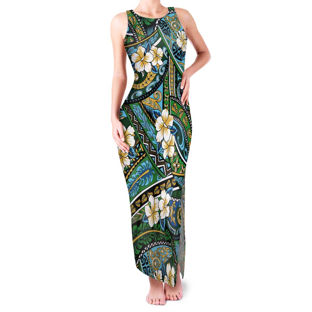 Polynesian Hibiscus Tropical Green Floral Tank Maxi Dress Tribal Pattern LT01 Women Green - Polynesian Pride
