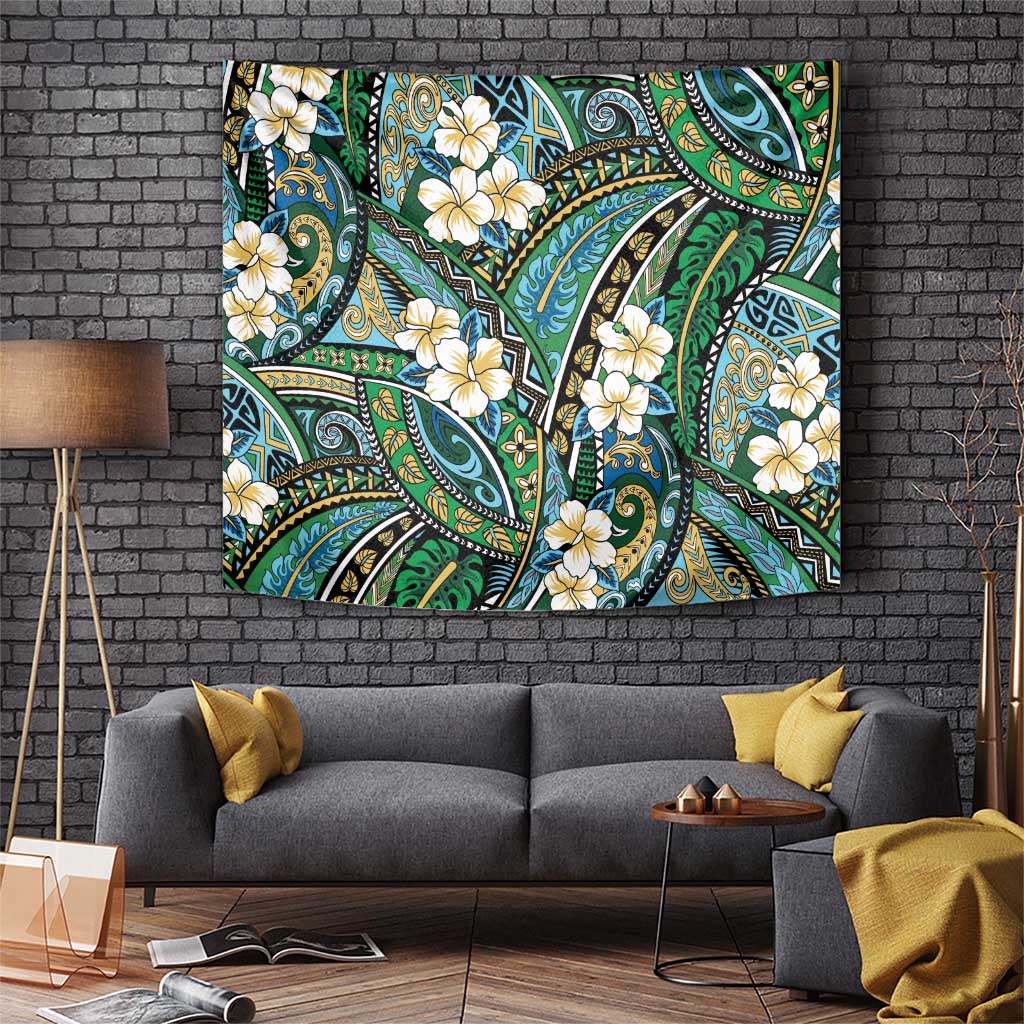 Polynesian Hibiscus Tropical Green Floral Tapestry Tribal Pattern LT01 Green - Polynesian Pride
