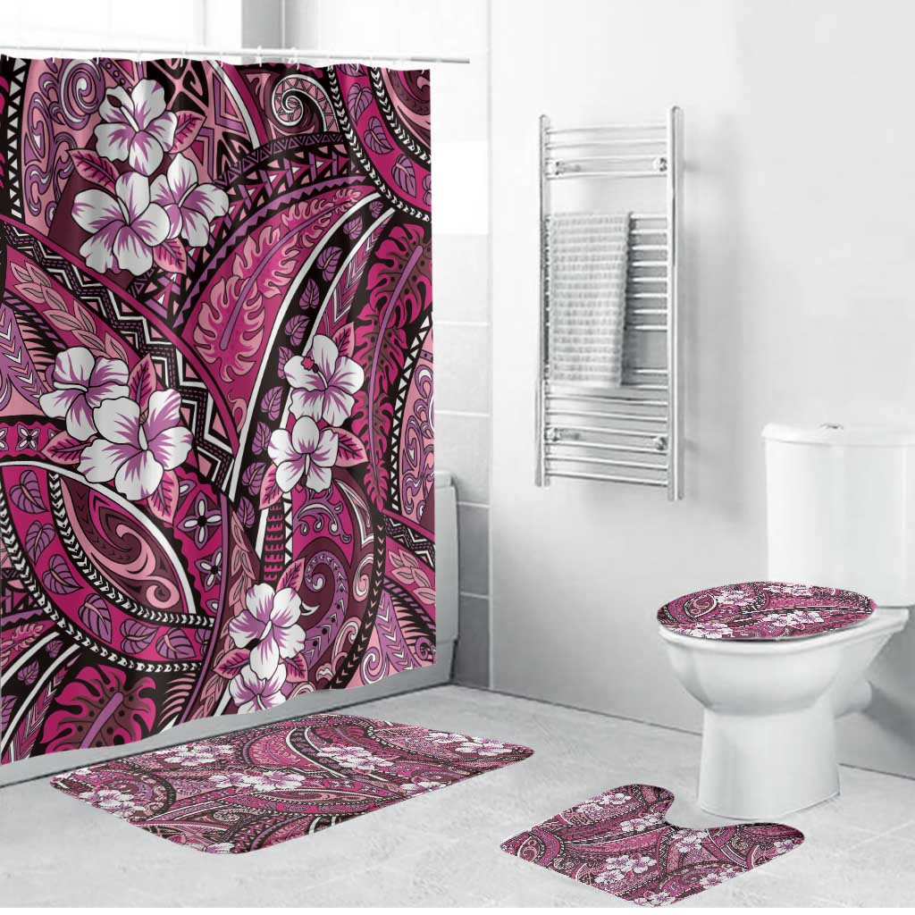 Polynesian Hibiscus Tropical Pink Floral Bathroom Set Tribal Pattern LT01 Bathroom Set (4 pcs) Pink - Polynesian Pride