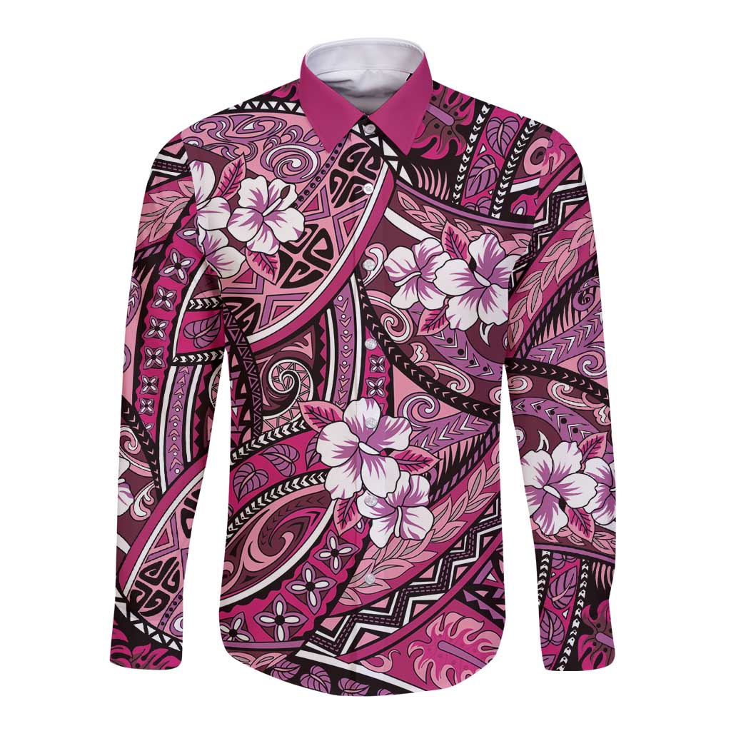 Polynesian Hibiscus Tropical Pink Floral Long Sleeve Button Shirt Tribal Pattern LT01 Unisex Pink - Polynesian Pride