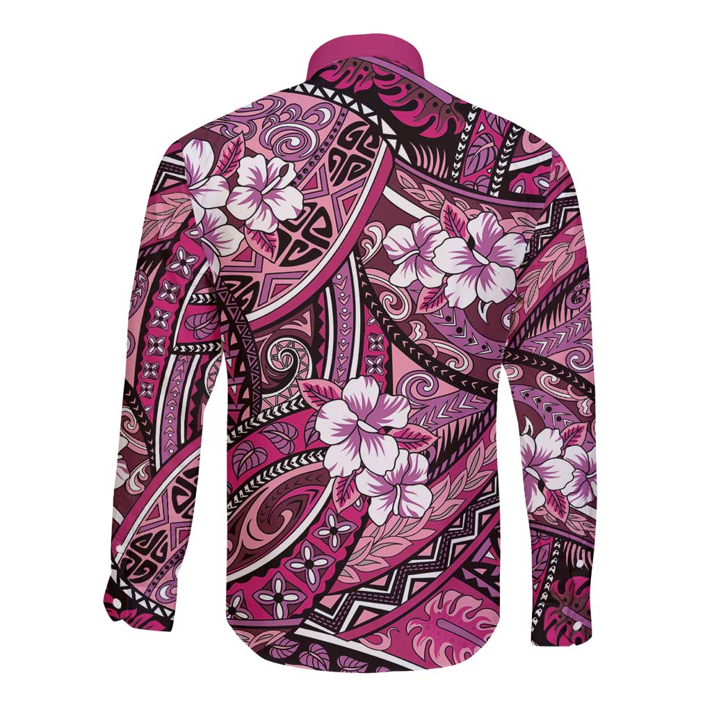 Polynesian Hibiscus Tropical Pink Floral Long Sleeve Button Shirt Tribal Pattern LT01 - Polynesian Pride