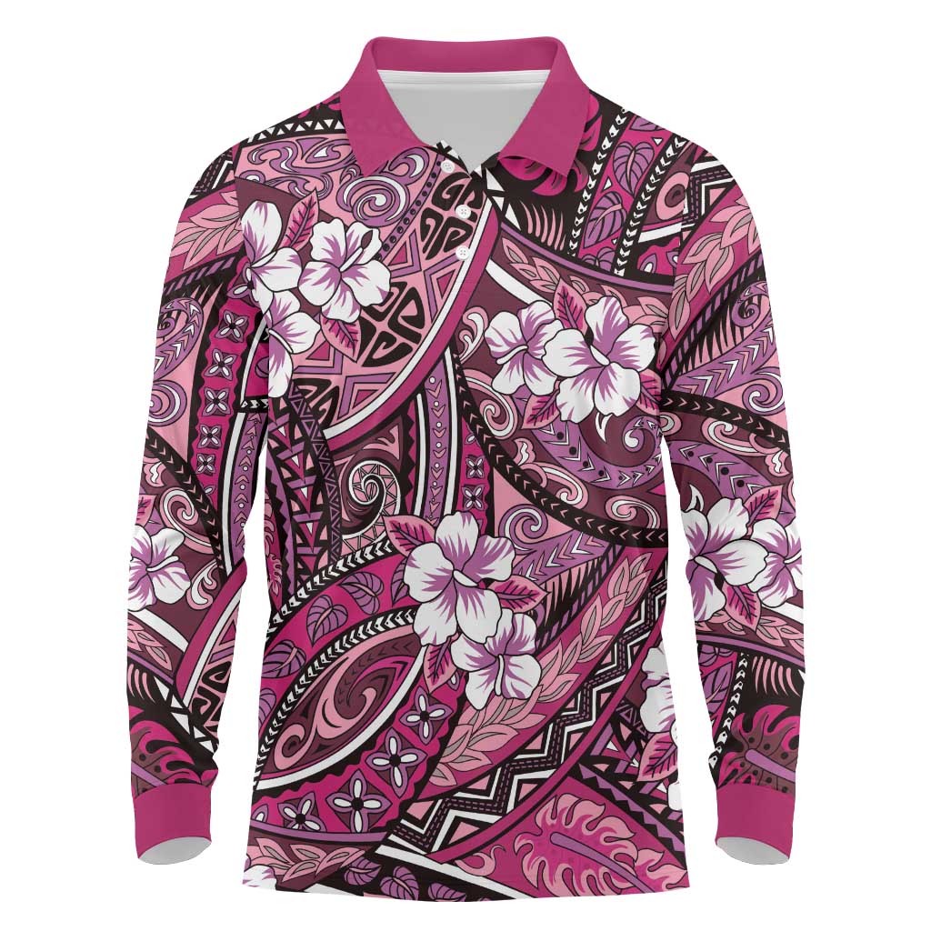 Polynesian Hibiscus Tropical Pink Floral Long Sleeve Polo Shirt Tribal Pattern LT01 Pink - Polynesian Pride